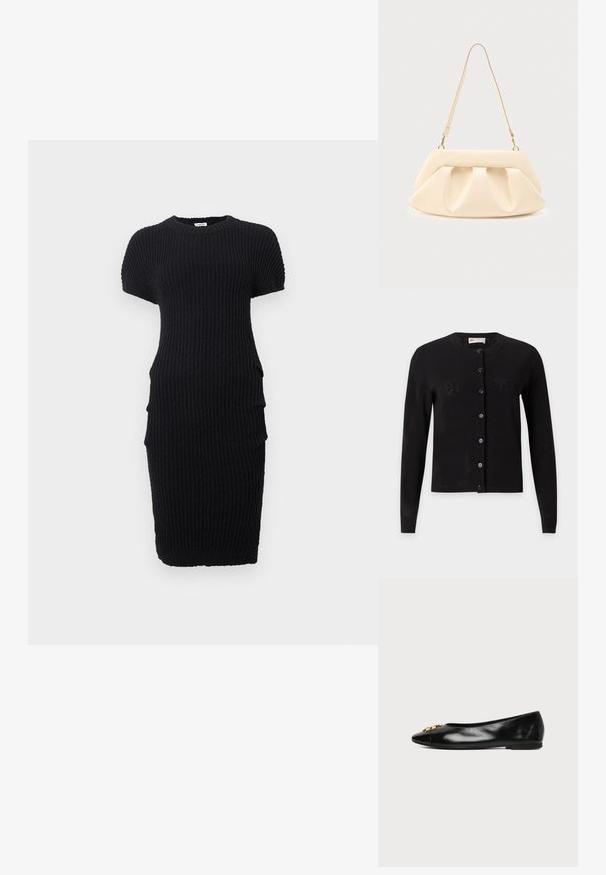Cardigan noir à manches longues boutonné, col rond avec un motif perforé subtil, présenté sur un fond gris clair.; Robe courte en maille noire côtelée à manches courtes, col rond et silhouette ajustée, présentée sur fond blanc.; Chaussure plate en cuir noir avec un bout pointu et un emblème décoratif doré sur fond blanc uni.; Sac à main en cuir couleur crème avec des plis froncés, des ferrures dorées, et une seule bandoulière fine sur un fond uni.