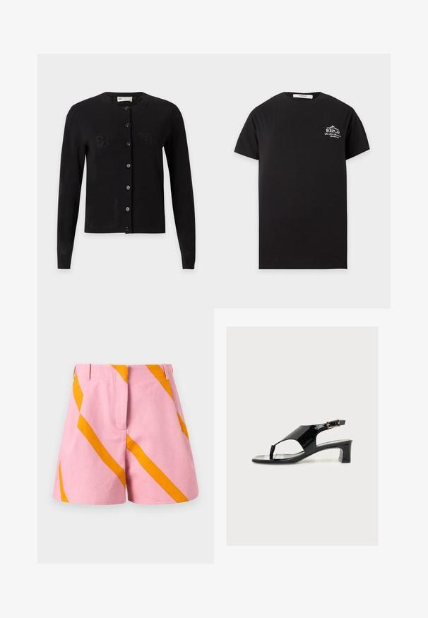 Cardigan noir à manches longues boutonné, col rond avec un motif perforé subtil, présenté sur un fond gris clair.; T-shirt noir à manches courtes avec col rond, petit logo blanc Replay et texte sur la poitrine gauche, sur fond gris clair.; Shorts roses avec de larges rayures diagonales orange, dotés de passants pour ceinture et d'une fermeture éclair à l'avant.; Sandale pour femme en cuir verni noir, talon bloc bas, bout ouvert, bride arrière et petite boucle dorée sur fond uni.