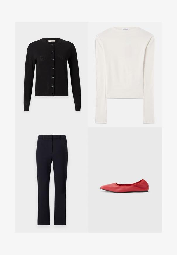 Sort langærmet cardigan med knapper, rund halsudskæring og subtilt perforeret mønster, vist på en lysegrå baggrund.; Hvid langærmet top lavet af bomuld, med en simpel rund hals og en slim fit. Stof er glat med en let stræk.; Marineblå skræddersyede bukser med flad front, bæltestropper, to sidelommer og lige ben. Lavet af et glat stof.; Filippa K REY FLATS - Ballerinasko - bright red