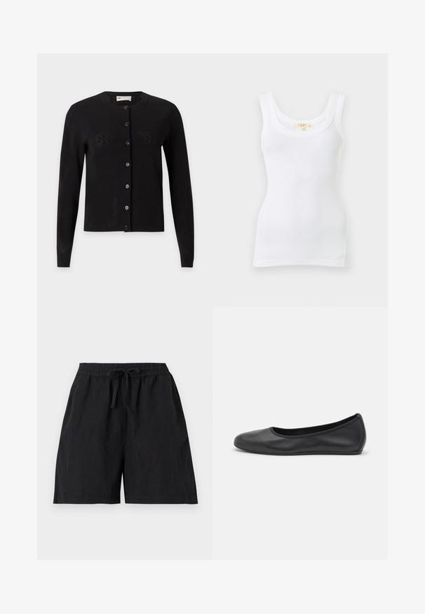 Cardigan noir à manches longues boutonné, col rond avec un motif perforé subtil, présenté sur un fond gris clair.; Débardeur blanc côtelé sans manches avec encolure dégagée, présenté à plat sur un fond clair.; Short noir décontracté avec ceinture élastique et cordon à l'avant, avec poches latérales et coupe ample.; Ballerines en cuir noir avec un bout rond, texture lisse, détails de couture minimalistes et design de semelle flexible.