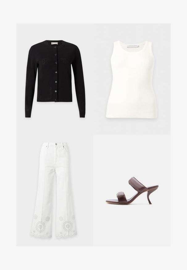 Cardigan noir à manches longues boutonné, col rond avec un motif perforé subtil, présenté sur un fond gris clair.; Débardeur blanc côtelé sans manches avec encolure ronde, coupe ajustée, et étiquette de la marque à l'intérieur du col arrière.; Jean blanc taille haute à jambes larges avec broderie florale en œillet et ourlets festonnés.; Sandale à talon haut en cuir marron, ouverte à l'avant, avec deux brides rembourrées et un talon aiguille incurvé, présentée sur un fond blanc.