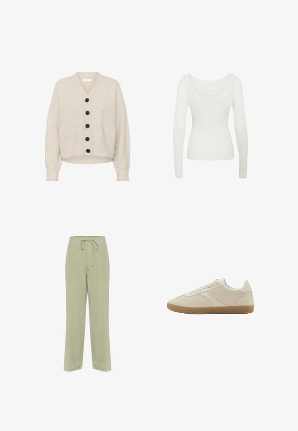 Beige strikket cardigan med fem store sorte knapper, V-hals, lange ærmer og ribkant nederst samt ved ærmekanterne.; Langærmet hvid top med en bred scoop-udskæring, tætsiddende design, lavet af glat stof med en lille strækbarhed. Synlige sømdetaljer.; Lys grønne linnedbukser med elastisk talje, bred ben-design og sidelommer. Blød tekstur og enkle konstruktionsdetaljer.; Beige ruskindslav sko med hvide accenter, beige snørebånd og en gummisål i naturlig farve, set fra siden på en hvid baggrund.