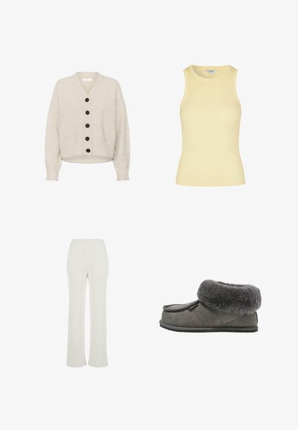 Cárdigan beige de punto con cinco grandes botones negros, escote en V, mangas largas y dobladillo y puños acanalados.; Camiseta de tirantes sin mangas con tejido acanalado en amarillo pálido, con escote redondo y diseño ajustado, talla pequeña, exhibida sobre fondo blanco.; Pantalones de punto acanalado de color crema con un diseño acampanado. Cuenta con una amplia cinturilla elástica y rayas verticales para mayor textura.; Shepherd LENA - Pantuflas - asphalt