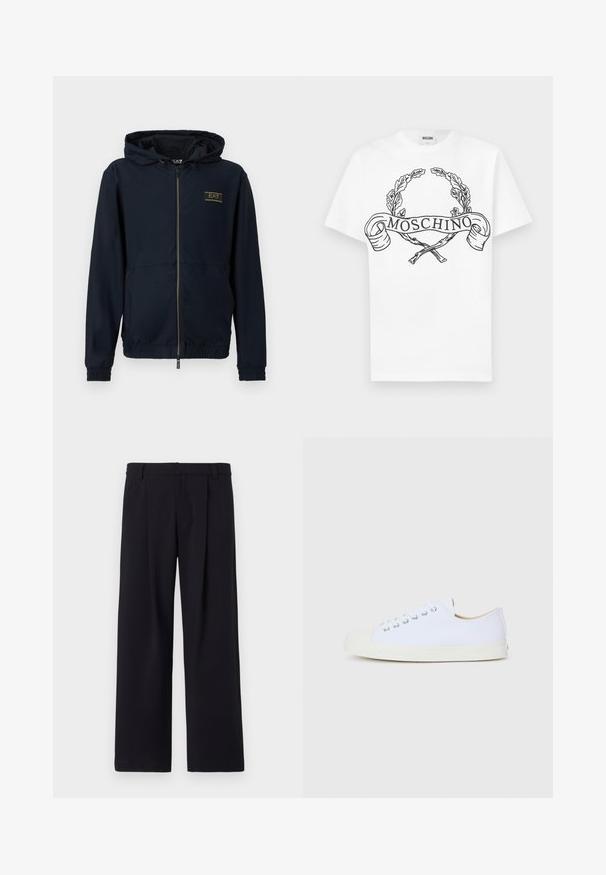 Marineblå hættejakke med lynlås, tekstureret stof, elastiske manchetter og linning, med en guldfarvet logo på venstre bryst.; Hvid bomulds t-shirt med et sort illustreret design af laurbærgrene og et bånd med teksten "Moschino". Korte ærmer.; Bredde ben bukser i sort stof, med frontfolder, flad front og bæltestropper. Glat tekstur uden synlige mønstre eller accenter.; Hvide lærredssko med rund tå, gummikappe og flad sål. Har metaløjer og et enkelt snørebånddesign.