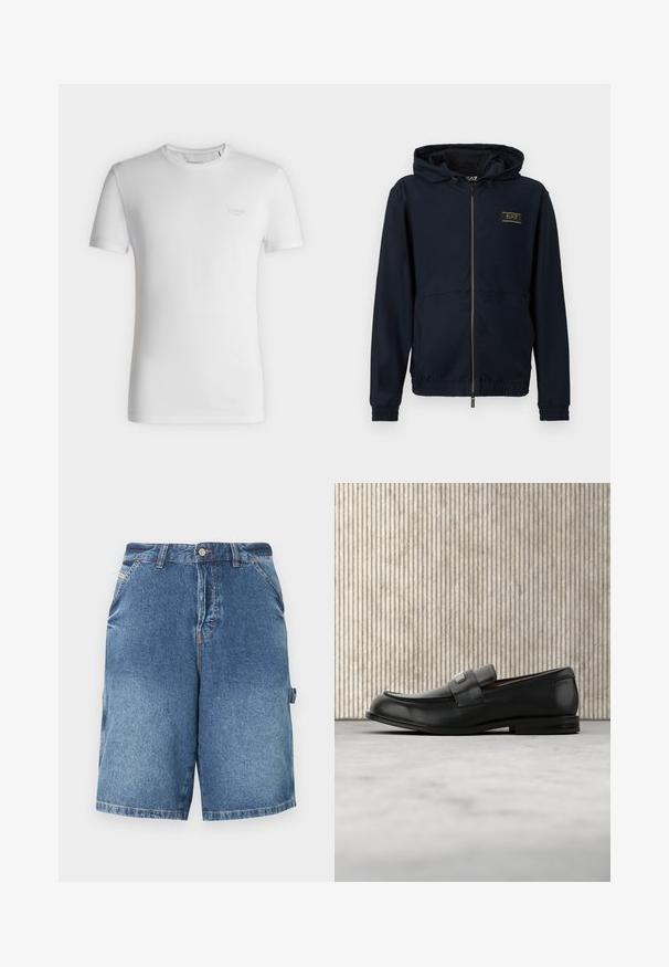 Veste à capuche bleu marine avec fermeture éclair, tissu texturé, poignets et ceinture élastiques, avec un logo doré sur le côté gauche de la poitrine.; T-shirt blanc à manches courtes et col rond avec petit logo GUESS embossé sur le côté gauche de la poitrine, présenté sur un fond clair uni.; Shorts en denim bleu longueur genou avec poches avant, passants pour ceinture, fermeture par boutons et une boucle sur le côté droit, sur fond blanc.; Mocassin en cuir noir avec une plaque de marque en métal reposant près d'une table ronde marron sur un sol recouvert de moquette beige.