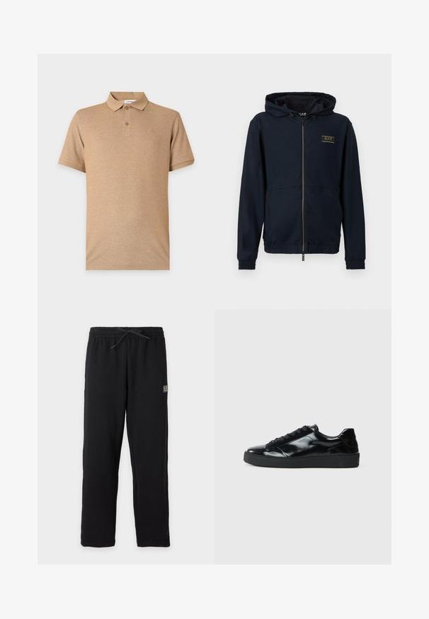 Veste à capuche bleu marine avec fermeture éclair, tissu texturé, poignets et ceinture élastiques, avec un logo doré sur le côté gauche de la poitrine.; Polo beige à manches courtes avec deux boutons et un logo brodé discret sur la poitrine gauche, présenté sur un fond uni.; Pantalon de survêtement noir avec taille élastique et cordon, avec un petit patch logo EA7 rectangulaire sur la partie supérieure de la cuisse gauche.; Baskets en cuir verni noir avec un bout arrondi, un laçage, une semelle en caoutchouc texturé et une finition lisse.