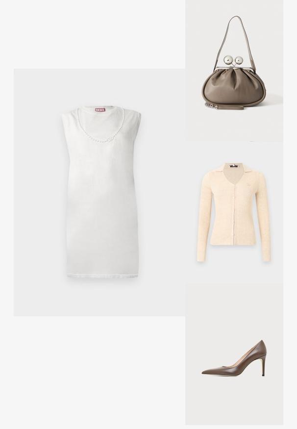Gilet beige à manches longues côtelées avec col en V, fermeture boutonnée sur le devant, petit logo animal brodé sur la poitrine gauche et col classique.; Robe blanche sans manches en tissu doux, avec un col rond et des détails décoratifs semblables à des perles sur la poitrine.; Chaussure à talon haut en cuir marron à bout pointu avec un talon aiguille fin et une finition lisse sur un fond clair.; Sac à main en cuir gris de forme arrondie, fermeture supérieure avec deux grandes sphères argentées, et une seule anse.