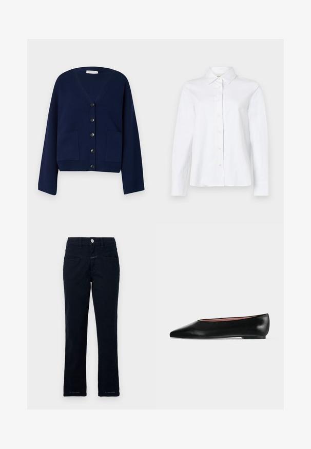 Navyblauwe gebreide cardigan met V-hals, zes zwarte knopen en twee voorzakken. Heeft oversized mouwen en een cropped zoom.; CLOSED CLASSIC SHIRT WITH STRAP DETAIL - Overhemdblouse - white; Navy blauwe broek gemaakt van stretchkatoen met een recht model, voorzakken en een knoopsluiting bij de taille.; Zwarte leren damesschoen met platte zool, puntige neus en lage hak, zijwaarts afgebeeld tegen een effen lichtgrijze achtergrond.