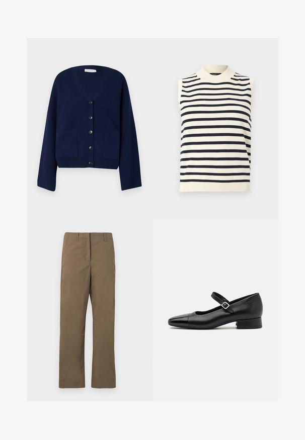 Marineblå strikket cardigan med V-hals, seks sorte knapper og to frontlommer. Har overdimensionerede ærmer og en cropped kant.; Ærmeløs cremefarvet top med sorte, vandrette striber, høj rund hals og ribbet kant, vist på hvid baggrund.; Brune lige ben bukser lavet af blandingsbomuldsstof. Har bæltesløjfer, en forlommeslids og en glat overflade uden mønstre.; Sorte læder Mary Jane-sko med en patenttå, justerbar ankelrem og lav blokhæl. Glat tekstur og strømlinet design.