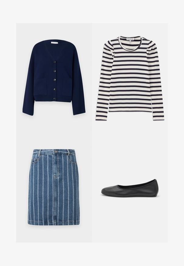 Cardigan tricoté bleu marine avec un col en V, six boutons noirs et deux poches avant. Présente des manches oversize et un ourlet court.; Haut à manches longues en rib avec des rayures horizontales bleu marine et blanches ; présente un col rond et des détails froncés aux épaules.; Jupe en denim avec des rayures blanches verticales, dotée d'une ceinture, de poches avant et d'une coupe droite. Tissu bleu avec une texture légèrement décolorée.; Ballerines en cuir noir avec un bout rond, texture lisse, détails de couture minimalistes et design de semelle flexible.