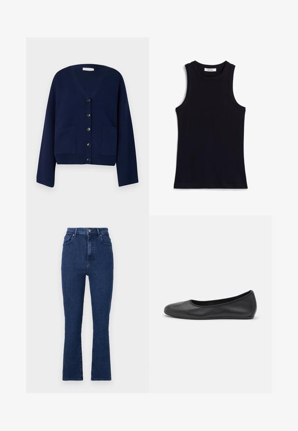 Marineblå strikket cardigan med V-hals, seks sorte knapper og to frontlommer. Har overdimensionerede ærmer og en cropped kant.; Sort ærmeløs top med ribbet tekstur, rund halsudskæring og regulær pasform. Mærket viser "IVY OAK." Ingen yderligere mønstre eller accenter.; Mørkeblå højtaljede jeans i denimstof med lige ben, der har forlommer og metallukning.; Sort læderballetsko med rund tå, glat tekstur, minimal syning og et fleksibelt såldesign.