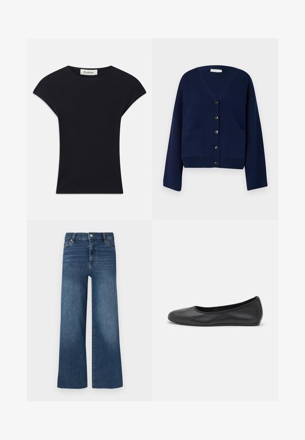 Navyblauwe gebreide cardigan met V-hals, zes zwarte knopen en twee voorzakken. Heeft oversized mouwen en een cropped zoom.; Zwarte korte mouwen top van zacht stof, met een ronde halslijn en een aansluitende vorm met subtiele schouderaccenten. Etiket zichtbaar.; Wijde spijkerbroeken met een medium blauwe wassing, voorzien van een knoop- en ritssluiting, vijf zakken en subtiele stiksel details.; Zwarte leren ballerina met een ronde neus, gladde textuur, minimale stikdetails en een flexibele zoolontwerp.