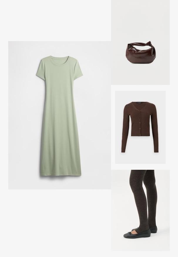 Cardigan de punto acanalado marrón con mangas largas, cuello en V y cierre frontal con botones, etiqueta de la marca "Anna Field" en el interior del cuello.; Vestido de manga corta en verde claro, confeccionado con tela suave. Presenta un cuello redondo y un diseño largo y fluido sin adornos.; Piernas con leggings oscuros acanalados combinados con bailarinas negras que presentan pequeños detalles de lazo sobre un fondo blanco.; Bolso de hombro de cuero marrón oscuro con una forma suave y caída, y un asa con nudo torcido sobre un fondo blanco liso.