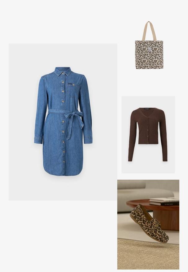 Brun ribstrikket cardigan med lange ærmer, V-udskæring og knaplukning foran, mærke "Anna Field" indeni halsudskæringen.; Denim skjortekjole med lange ærmer, frontknapper, brystlomme og knyttet taljebælte i medium blå vask.; Sko med leopardprint, flad rund tå, blødt materiale og lysebrune snørebånd. Har en lav profil og en tekstureret, fleksibel sål.; Beige mulepose med leopardmønster og hvidt broderet New York Yankees-logo, med to beige skulderstropper.