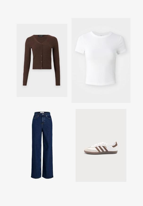 Braune Rippstrick-Cardigan mit langen Ärmeln, V-Ausschnitt und Knopfleiste vorne, Markenlabel "Anna Field" innen im Nacken.; Weißes, kurzärmeliges, cropped T-Shirt mit Rundhalsausschnitt, auf einem neutralen, hellen Hintergrund präsentiert.; Dunkelblaue, hoch taillierte Jeans mit weitem Bein, vorderen Taschen, Gürtelschlaufen, Knopfverschluss und sichtbaren Nahtdetails.; Weißer Adidas Samba Sneaker mit braunen Wildlederstreifen, braunem Fersenflicken, beiger Zehenkappe und durchsichtiger Gummisohle, von der Seite gezeigt.