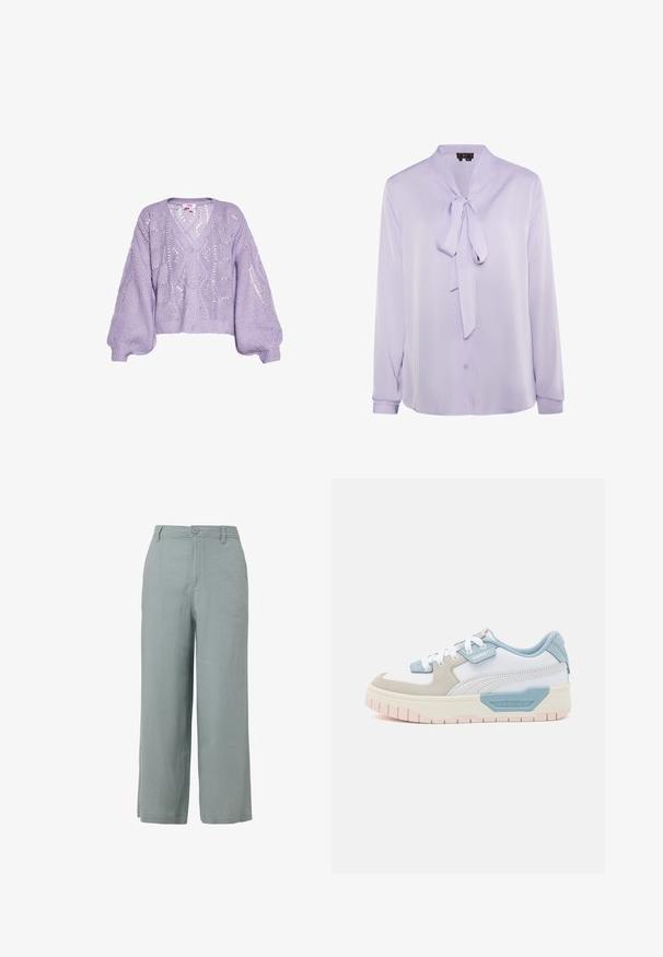Lavendel gestrickte Strickjacke mit V-Ausschnitt, strukturierten Puffärmeln, Durchbrüchen und Knöpfen an der Vorderseite. Cropped-Länge.; Lavendel Bluse mit Schleifenkragen, langen Ärmeln und Knopfverschluss. Glattes Material mit leichtem Glanz und minimalistischem Design.; Helle graue weit geschnittene Hosen aus glattem Stoff, mit einem vorderen Knopfverschluss und zwei seitlichen Taschen.; Sneaker mit einem Obermaterial aus weißem Leder, hellblauen Akzenten, beigen Wildlederpaneelen und einer strukturierten rosa Gummisohle; gesticktes Logo an der Seite.