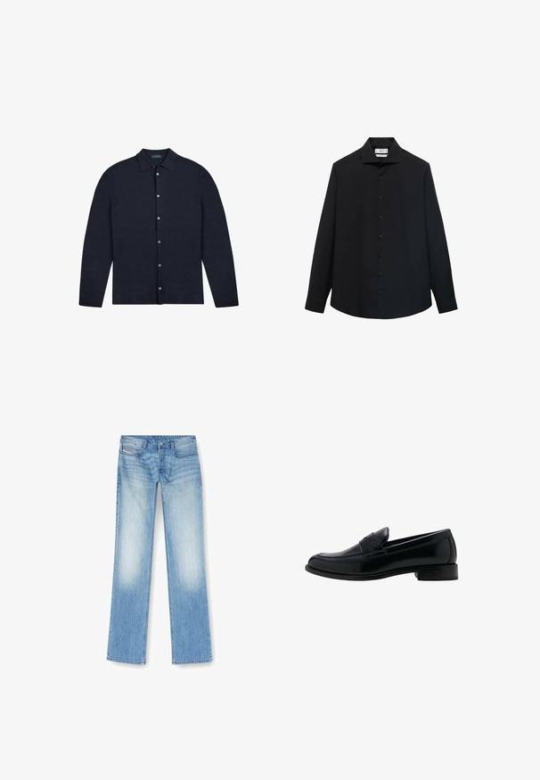 Slowear ZANONE-FLEXWOOL - Strickjacke - blue melange; Schwarzes Langarmshirt aus glattem Stoff, mit einem klassischen Kragen und einer durchgehenden Knopfleiste mit gleichmäßig verteilten Knöpfen.; Helle blaue Straight-Leg-Jeans aus Denim mit faded Finish, Fünf-Taschen-Design und sichtbaren Nähdetails entlang der Nähte.; Schwarzer Lederloafer mit niedrigem Absatz, rundem Zehenbereich und einem klassischen Penny-Riemen auf dem Spann.