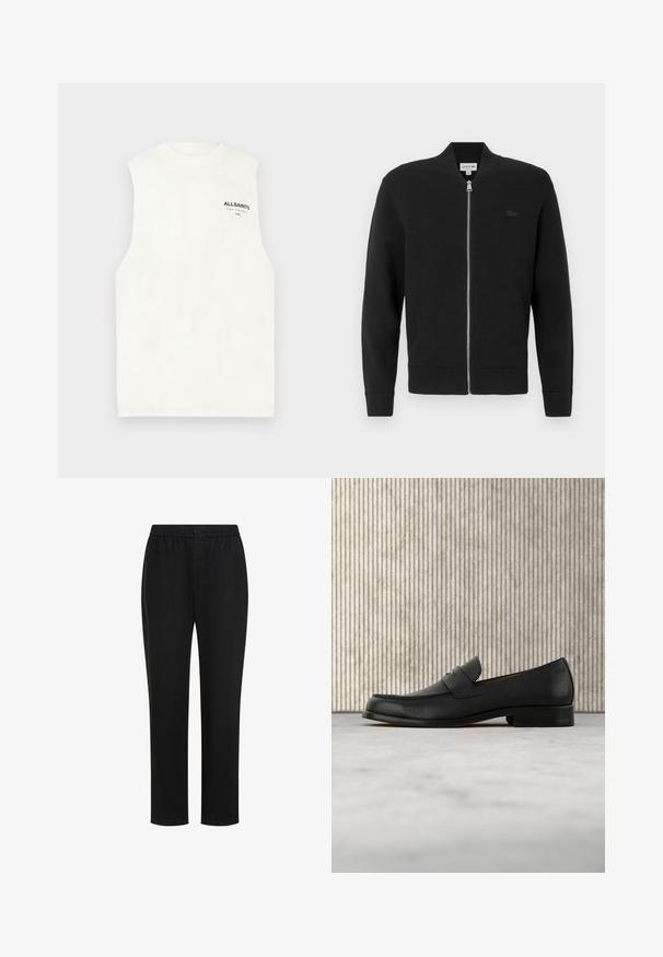 Sweatshirt zippé noir en tissu doux, avec un col montant, des poignets côtelés et un petit logo noir sur la poitrine gauche.; T-shirt blanc sans manches avec col rond et petit logo noir AllSaints sur le haut gauche de la poitrine.; Pantalon noir à coupe décontractée avec taille élastique, fermeture par bouton, jambes droites et texture lisse, adapté pour un port casual.; Mocassin en cuir noir flottant au-dessus d'un tapis beige avec une table ronde brune brillante en arrière-plan.