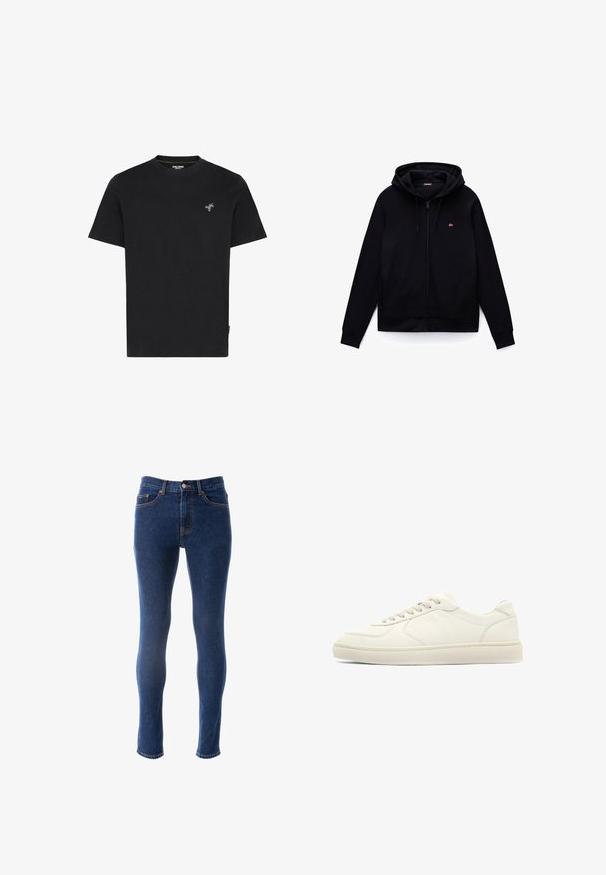Sort hættetrøje med lynlås, lange ærmer, forlommer, snoretræk i hætten og et lille rød-hvidt flaglogo på venstre bryst.; Sort bomulds T-shirt med rund hals og korte ærmer, med en lille broderet grøn palmetræ på venstre bryst.; Slanke jeans lavet af mørkeblåt denim med orange syninger. Har fem lommer, en knaplukning og en tætsiddende pasform gennem benene.; Lav-toppet off-white lædersneaker med snørelukning foran og flad gummisål, vist i sideprofil på hvid baggrund.