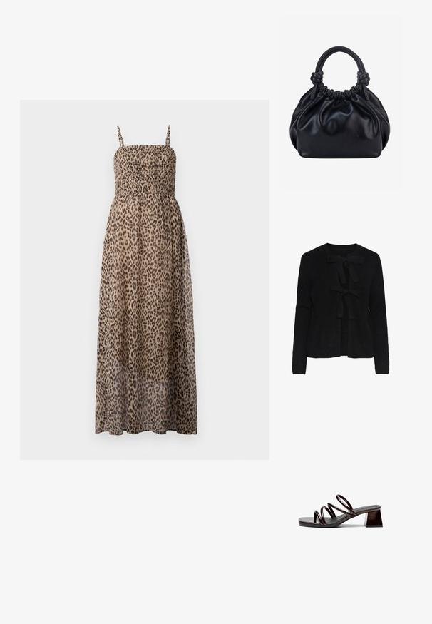 Sort strikket cardigan med rund halsudskæring, prydet med to frontsnøringer og et struktureret mønster. Lange ærmer og cropped længde.; Maxi kjole i leopardprint med smocket bodice, tynde stropper og gennemsigtig stof. Har et flydende, let design.; Åben tå hæl sandal i mørk bourgogne lakeret læder, med tre tynde stropper og en firkantet blokhæl. Glat overflade, minimalistisk design.; Sort blød læderhåndtaske med samlet top og to tykke håndtag bundet i knuder mod en ensfarvet lys baggrund.