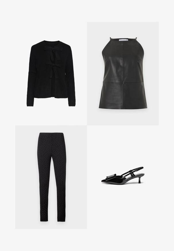 Cardigan noir en tricot avec un col rond, présentant deux liens sur le devant et un motif texturé. Manches longues et longueur cropped.; Haut en cuir noir sans manches avec encolure halter et coutures visibles verticales et horizontales.; Pantalons noirs avec une taille élastique, coupe slim et motif à pois blancs sur l'ensemble. Tissu doux offrant confort et flexibilité.; Talons aiguilles en cuir verni noir avec un bout pointu, un détail en nœud à l'avant et un petit talon stiletto. Les brides sont équipées de boucles ajustables.