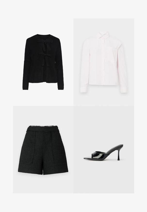 Cárdigan de punto negro con escote redondo, que cuenta con dos lazos frontales y un patrón texturizado. Mangas largas y longitud recortada.; Camisa de botonera de manga larga color rosa claro, con cuello y un bolsillo en el pecho, presentada sobre un fondo blanco.; Pantalones cortos negros de tela texturizada con un dobladillo deshilachado, que cuentan con dos bolsillos frontales y un ajuste entallado.; Mules de charol negro con punta abierta, una tira estrecha y tacón stilettos. Textura suave y diseño minimalista con suela plana.