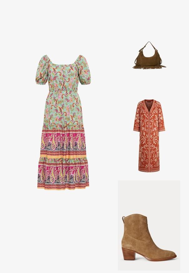 Lange roestoranje gebreide cardigan met knopen, crèmekleurige botanische patronen, driekwart mouwen en een V-hals.; Groene maxi-jurk met paisleypatroon, poffende mouwen, vierkante halslijn en gelaagde zoom met roze, paars en gele accenten.; Bruine suède enkellaarzen met lage gestapelde houten hak en een trekkoord aan de achterkant op een effen lichte achtergrond.; Bruine suède handtas met bovenhandvat en lange franjes langs de zijkanten en onderkant tegen een witte achtergrond.