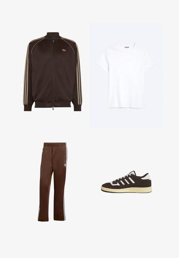 Mørkebrun Adidas træningsjakke med beige tre striber på ærmerne og lille trekløverlogo på brystet, lynlås foran, ribbet krave og manchetter.; Enkelt hvid T-shirt med korte ærmer og rund hals med synligt WEEKDAY-mærke i kraven, vist på en lys baggrund.; Brune atletiske bukser lavet af glat stof, med hvide sidelister og elastisk talje. Inkluderer lommer på begge sider.; Sort-hvid Adidas sneaker med lavt skaft, ruskindsdetaljer, tre striber på siden, hvide snørebånd og beige gummisål.