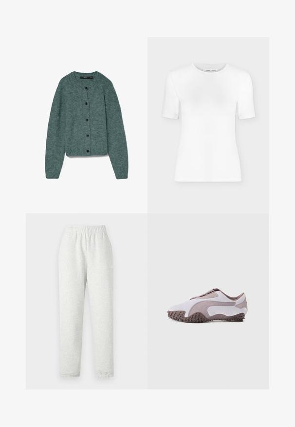 Groene gebreide cardigan met een ronde hals, lange mouwen en vijf donkere knopen aan de voorkant. Zachte textuur met een gezellige uitstraling.; Wit T-shirt met korte mouwen en een ronde hals, een slanke pasvorm en geribbelde stof, weergegeven op een effen lichtgrijze achtergrond.; Lichtgrijze sweatpants met een elastische tailleband, taps toelopende pijpen en ribgebreide manchetten. Gemaakt van een zachte, gestructureerde stof. Witte logodetail aan de zijkant.; Lichtgrijze sportschoen met een zachte suède bovenkant, rubberen zool met textuurrijke spikes en een flexibel ontwerp. Zijlogo in een donkere tint.