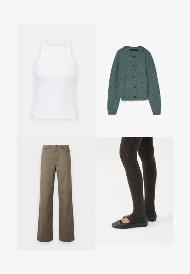 Grøn strikket cardigan med rund halsudskæring, lange ærmer og fem mørke knapper foran. Blød tekstur med et hyggeligt udseende.; Hvid ærmeløs tanktop lavet af ribbet stof, med en rund halsudskæring og en tætsiddende silhuet, med minimale sømme og ingen pynt.; Bukser med brede ben i olivengrøn bomuld, der har lukning med knap, bæltestropper og fem-lomme-design med en glat, holdbar tekstur.; Ben iført mørke ribbede leggings kombineret med sorte balletsko med små sløjfedetaljer på hvid baggrund.