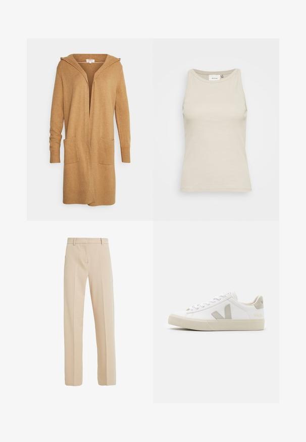 Hellbrauner Cardigan mit Kapuze. Mit gerippten Bündchen und Taschen. Hergestellt aus weichem, strukturiertem Material mit offenem Vorderdesign.; Helles beiges Tanktop aus geripptem Stoff mit rundem Ausschnitt und ärmellosem Design. Verfügt über ein dezentes Markenlabel innen.; Beige maßgeschneiderte Hose aus glattem Stoff, mit geradem Beinanschnitt, seitlichen Taschen und Bügelfalten auf der Vorderseite.; Weiße Sneaker aus Leder mit grauen V-Logo-Akzenten, strukturiertem Gummiabsatz, weißen Schnürsenkeln sowie gepolstertem Zungen- und Knöchelbereich.
