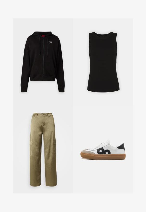 Sort zip-up hoodie lavet af blødt materiale, med en hætte med snor, forlommer og et hvidt logo på venstre bryst.; Sort ærmeløs tanktop i ribbet bomuld med rund halsudskæring og tætsiddende silhuet.; Olivengrønne cargo-bukser med et bredbenet design, der har to sidelommer, et struktureret stof og et tætsiddende talje, der har bælteløkker.; Hvide lærreds sneakers med sort logo, suedelæderdetaljer og gummisål. Har flade hvide snørebånd og en rund tådesign.