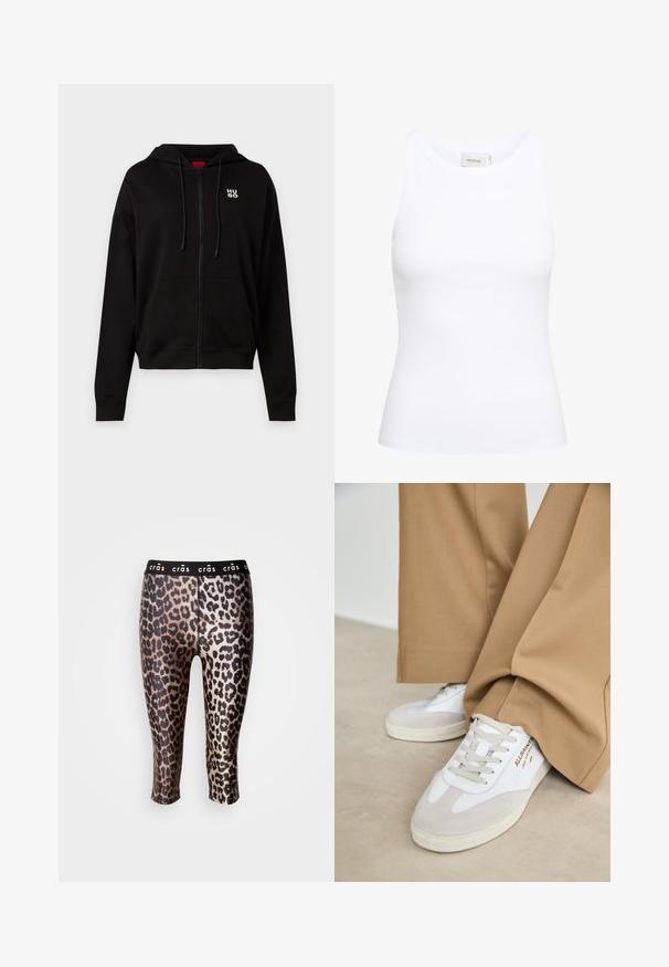 Hoodie noir zippé en matériau doux, avec une capuche à cordon, des poches avant et un logo blanc sur la poitrine gauche.; Débardeur blanc côtelé avec un col rond et sans manches. Tissu extensible et design ajusté. Étiquette au dos indiquant "GESTUZ."; Leggings cropped en tissu élastique avec un imprimé léopard noir et or, dotées d'une ceinture élastique noire.; Baskets blanches avec des accents en daim, des lacets texturés et une semelle en caoutchouc. Associées à un pantalon beige ample. Logo affiché sur le côté.