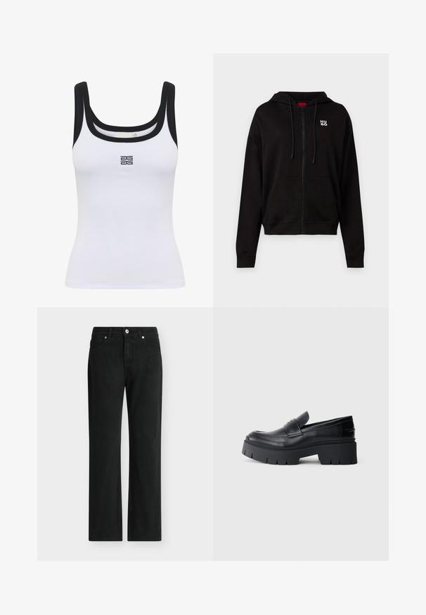 Sort zip-up hoodie lavet af blødt materiale, med en hætte med snor, forlommer og et hvidt logo på venstre bryst.; Hvid ribbet tanktop med scoop halsudskæring og sort kant. Et logo er centreret på fronten. Stoffet ser blødt og tætsiddende ud.; Sorte jeans med lige ben, foran med knap og lynlås, design med fem lommer og bæltestropper.; Sort klodset platform loafers med glat læderoverdel, dekorativ rem og tyk struktureret sål på hvid baggrund.
