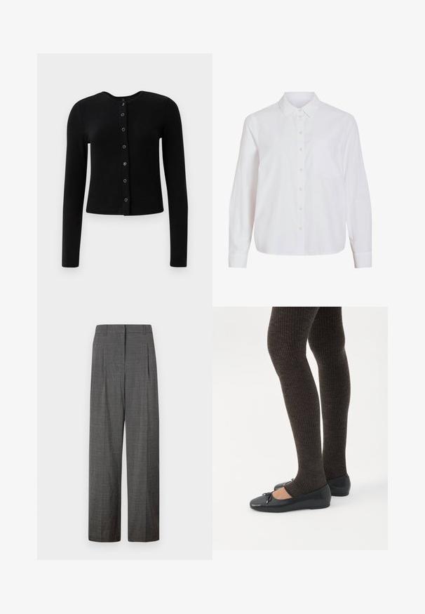 Cardigan negro de manga larga con canalé, cuello redondo y cierre central de botones, que cuenta con botones metálicos y una silueta ajustada.; Camisa blanca de manga larga, con cierre de botones en la parte delantera, cuello clásico, un bolsillo en el pecho, confeccionada con una tela lisa y ligera, con un ajuste relajado.; Vero Moda VMSIKITA WIDE DAD PANT - Pantalones - medium grey/black; Piernas con leggings oscuros acanalados combinados con bailarinas negras que presentan pequeños detalles de lazo sobre un fondo blanco.