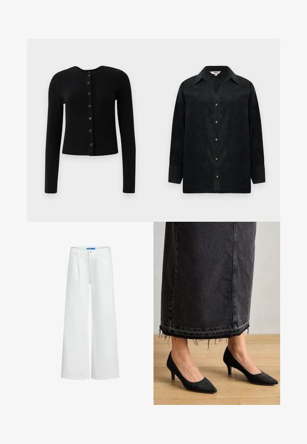Sort ribbet lange ærmer cardigan med rund halsudskæring og central knaplukning, der har metalliske knapper og en tætsiddende silhuet.; Sort fløjlsskjorte med V-udskæring, lange ærmer, knaplukning og subtil tekstur. Har kontrasterende knapper og en afslappet pasform.; Hvide bukser med vide ben, frontplissering, knap- og lynlås-lukning, bæltestropper og sidelommer.; Sorte ruskindpumps med spids tå og en 3 tommer hæl, parret med en lang, mørk denimskørt med frynset kant.