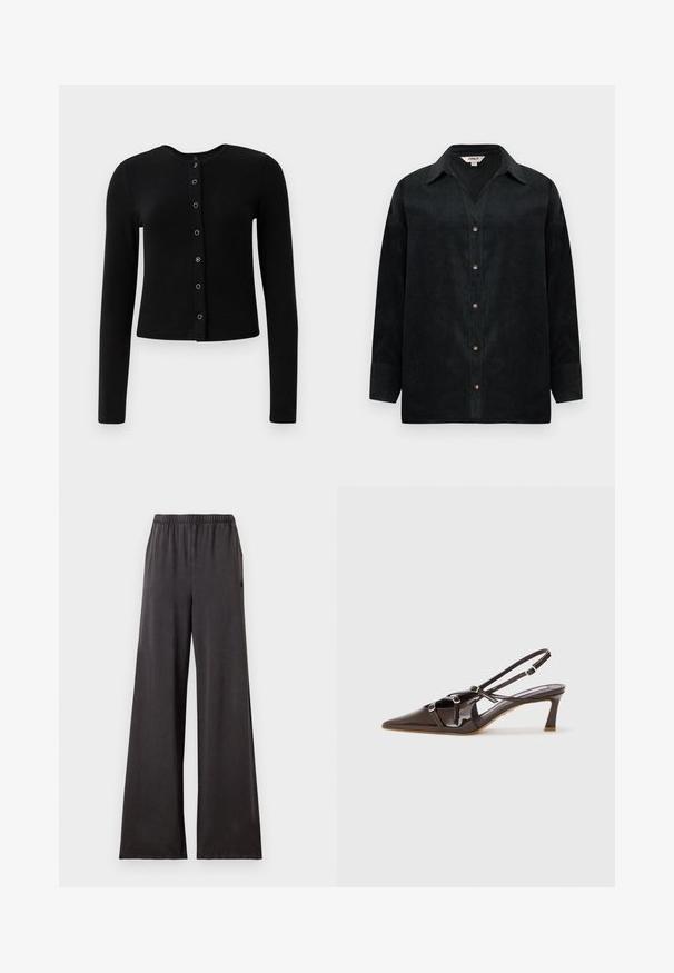 Zwarte geribbelde lange mouwen cardigan met een ronde halslijn en centrale knoopsluiting, voorzien van metalen knopen en een getailleerde pasvorm.; Zwarte corduroy shirt met V-hals, lange mouwen, knoopsluiting en subtiele textuur. Beschikt over contrasterende knopen en een losse pasvorm.; Donkergrijze wijde broek met elastische tailleband van zachte stof, getoond tegen een effen lichte achtergrond.; Bruine gepatineerde leren slingback hak met een spitze neus, verstelbare straps en decoratieve gespen aan de voorkant. 3-inch hakhoogte.