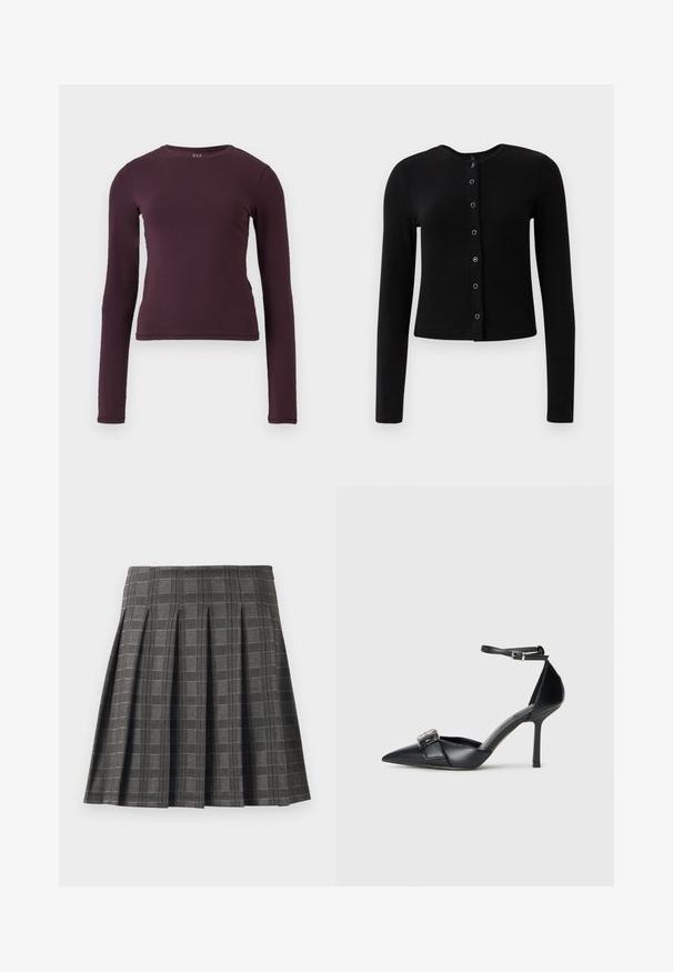 Cardigan long à manches longues noir à côtes avec un col rond et une fermeture à boutons centraux, présentant des boutons métalliques et une silhouette ajustée.; Haut à manches longues et col rond en violet foncé, fabriqué en tissu doux et extensible. Présente un design ajusté sans motifs ni accents visibles.; Jupe plissée à motif écossais gris, fabriquée à partir d'un tissu texturé. Elle présente des plis verticaux et un ourlet droit.; Escarpin noir en cuir avec un bout pointu, une bride à la cheville et un accent de boucle en argent. Texture lisse avec une silhouette élégante.