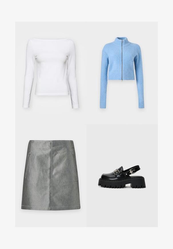 Lys blå, cropped sweater lavet af blødt, struktureret stof. Har en høj krave og en foran lynlås med ribbede manchetter.; Hvid langærmet t-shirt med firkantet udskæring, slim fit, lavet af blødt bomuldsstof. Glat tekstur, ingen mønstre eller accenter.; Sølvfarvet denim mininederdel med glat tekstur, der har to sidelommer og kontrastsyninger. Enkel, lige design uden mønstre.; Sorte platform sandaler lavet af skinnende læder, med en spænde rem og en tekstureret tyk sål med udtalte riller.