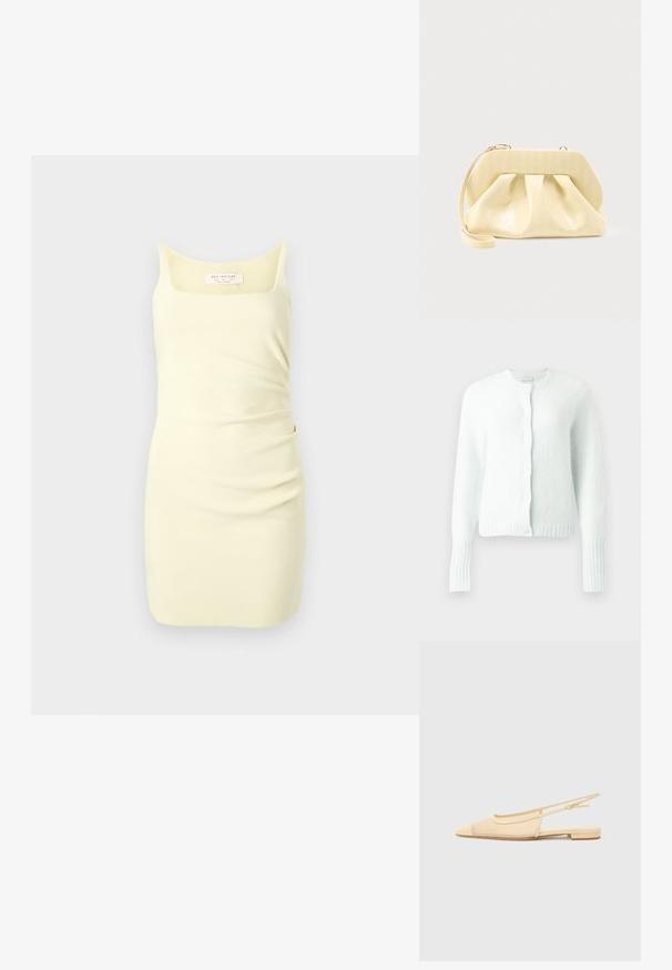 Witte, lang mouw gebreide cardigan met ronde hals, geribde manchetten en zoom, en vijf knopen aan de voorkant.; Mouwloze gele jurk van gladde stof, met een vierkante halslijn en geschaarde zijkant voor extra textuur.; Slingback ballerina in lichtbeige met een mesh bovenwerk, spitse neus en een lage hak. Voorzien van een verstelbare band voor een goede pasvorm.; Crème-kleurige leren clutch met een gestructureerd bovenframe en polsbandje, weergegeven tegen een effen lichte achtergrond.