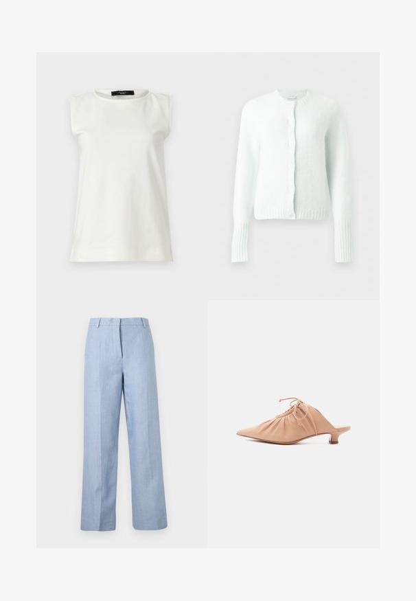 Cardigan blanc en maille à manches longues avec encolure ronde, poignets et ourlet côtelés, et cinq boutons sur le devant.; Haut blanc sans manches avec épaules rembourrées et encolure ronde, présenté à plat sur un fond clair.; Pantalon bleu clair à jambes larges avec taille haute, passants pour ceinture et détails de plis avant sur un fond uni.; Mule pour femme en cuir beige avec bout pointu, dessus froncé, lien de serrage et petit talon kitten, sur fond blanc.