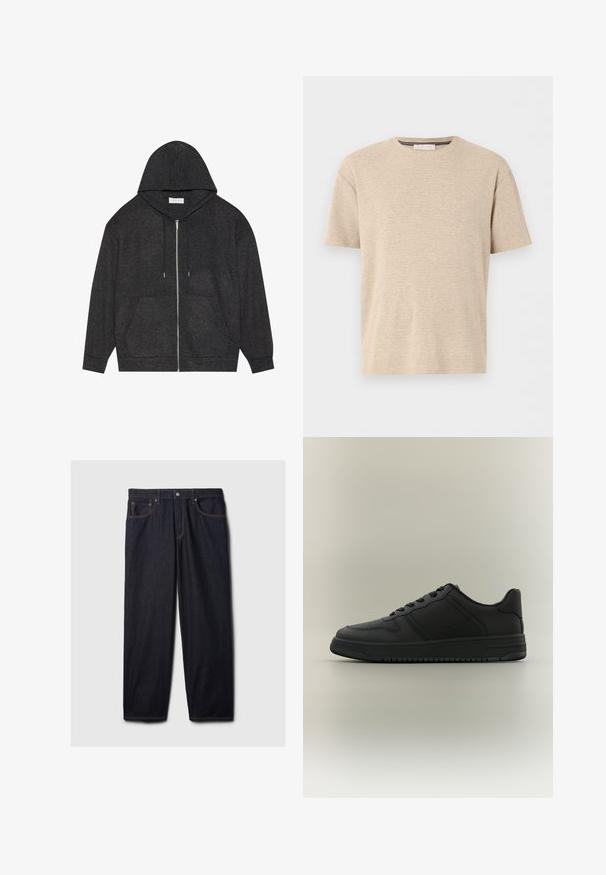 Grafitgrå lynlås hoodie med snøre hætte, ribbet tekstur og forlommer. Har lange ærmer og en afslappet pasform.; Beige kortærmet bomulds T-shirt med rund hals og subtil horisontal tekstur, vist på hvid baggrund.; Mørke denim jeans med lige pasform, der har en knap- og lynlås-lukning, to frontlommer og kontrastfarvet orange syning.; Sort lavt snøresko med teksturerede paneler, snørelukning og tyk sål på en neutral grå baggrund.