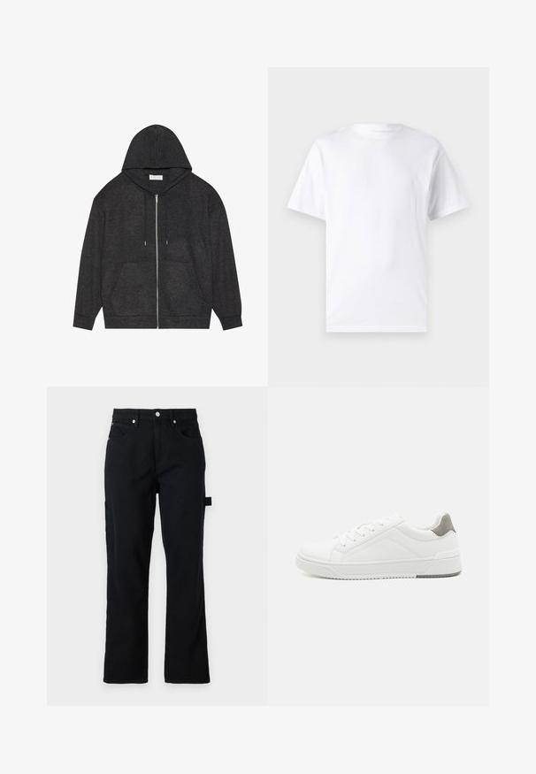 Grafietgrijze zip-up hoodie met een trekkoordcapuchon, een geribbelde textuur en voorzakken. Heeft lange mouwen en een relaxte pasvorm.; Witte T-shirt met korte mouwen, gemaakt van katoen, met een ronde hals. Het heeft een gladde textuur en een eenvoudig ontwerp zonder patronen of accenten.; Zwarte denim broek met rechte pijpen, voorzakken en achterzakken met opgenaaide details. Bevat zilveren hardware en een zijlusdetail voor functionaliteit.; Witte sneaker van glad leer met een ronde neus, minimalistisch ontwerp, grijze hielaccent en een geplaatste rubberen zool.