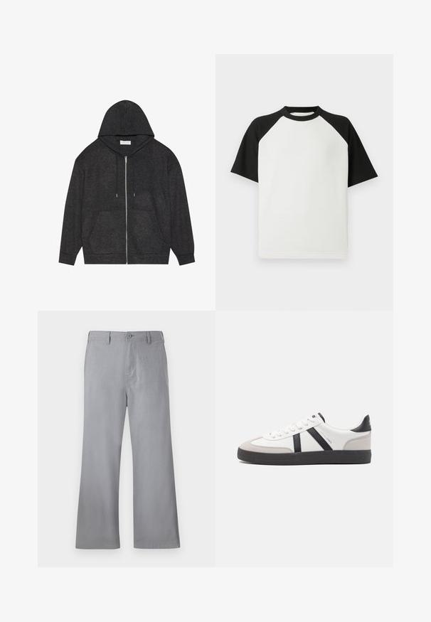 Graphitgrauer Zip-Hoodie mit Kordelzugkapuze, gerippter Struktur und vorderen Taschen. Mit langen Ärmeln und lockerer Passform.; Schwarz-weiße kurzärmlige T-Shirt mit geribbeter Textur; verfügt über Raglanärmel und einen Rundhalsausschnitt.; Graue weite Hosen aus weichem Stoff, mit einem vorderen Knopfverschluss, Gürtelschlaufen und einem schlichten Design ohne sichtbare Muster oder Akzente.; Weiße Sneaker mit schwarz- und grau-aczenten, ausgestattet mit einer strukturierten grauen Zehenkappe, schwarzer Gummi-Sohle und flachen weißen Schnürsenkeln. Sauberes Design, minimalistische Stil.