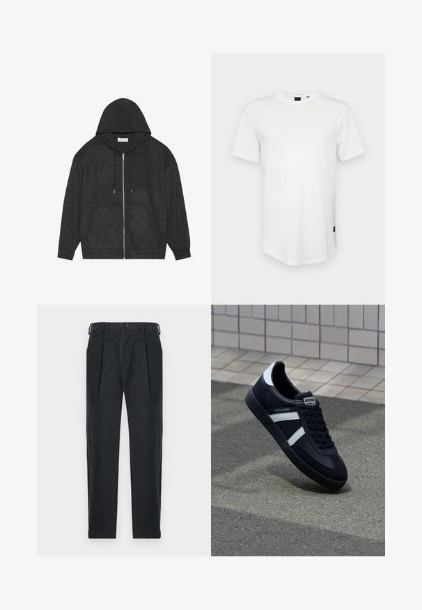 Grafitgrå lynlås hoodie med snøre hætte, ribbet tekstur og forlommer. Har lange ærmer og en afslappet pasform.; Hvid kortærmet t-shirt lavet af bomuld, med rund halsudskæring og en let forlænget ryg, samt en lille logoaccent på siden.; Grå uld-blandede bukser med to frontindfoldninger, bæltestropper, sidelommer og knaplukning. Lige ben-design med en glat tekstur.; Sort lædersneaker med hvide striber, tekstureret gummisål og snørrebånd foran. Har et brandet mærke på tungen.