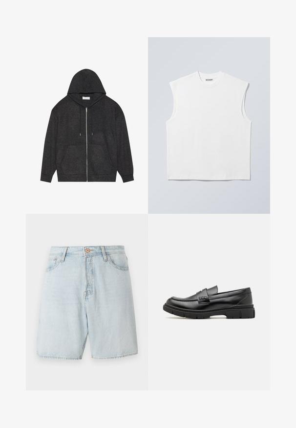 Haut à zip gris graphite avec capuche à cordon, texture côtelée et poches avant. Présente des manches longues et une coupe décontractée.; Haut blanc sans manches en coton à col rond avec épaules structurées, marqué "WEEKDAY" sur l'étiquette du col, présenté sur un fond gris clair.; Shorts en denim bleu clair à taille haute, avec un design à cinq poches et des coutures contrastées. Dotés d'une fermeture classique à bouton et à zip.; Mocassin en cuir noir avec une large sangle sur le devant, semelle en caoutchouc à épaisse rainure, et texture lisse. Design classique et élégant.