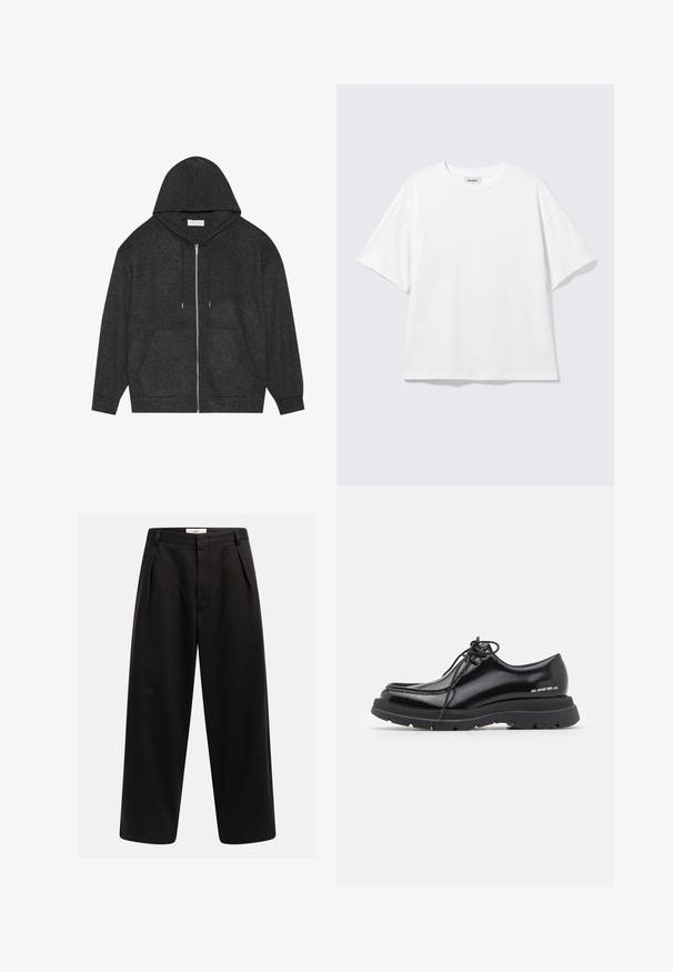 Haut à zip gris graphite avec capuche à cordon, texture côtelée et poches avant. Présente des manches longues et une coupe décontractée.; T-shirt blanc oversize à manches courtes, col rond, épaules tombantes, posé à plat sur fond gris clair.; Pantalons larges noirs avec plis avant, passants de ceinture et fermeture dissimulée, étiquetés "Rebel" sur la ceinture.; Chaussure habillée en cuir noir avec un bout arrondi, semelle en caoutchouc épaisse, design lacé et couture distinctive le long du bord.