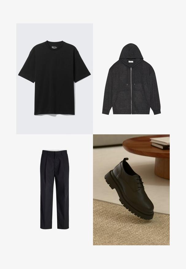 Sudadera con cremallera en gris grafito, con capucha ajustable, textura acanalada y bolsillos frontales. Tiene mangas largas y un corte holgado.; Camiseta negra de algodón de manga corta y corte holgado, con cuello redondo, mostrada sobre un fondo claro y liso.; Pantalones negros de tiro recto con cinturilla, trabillas, cremallera frontal y bolsillos laterales mostrados sobre un fondo blanco.; Zapato de cuero negro con una superficie texturizada, punta redonda, diseño de cordones y una suela de goma negra gruesa. Flotando sobre una alfombra de yute.