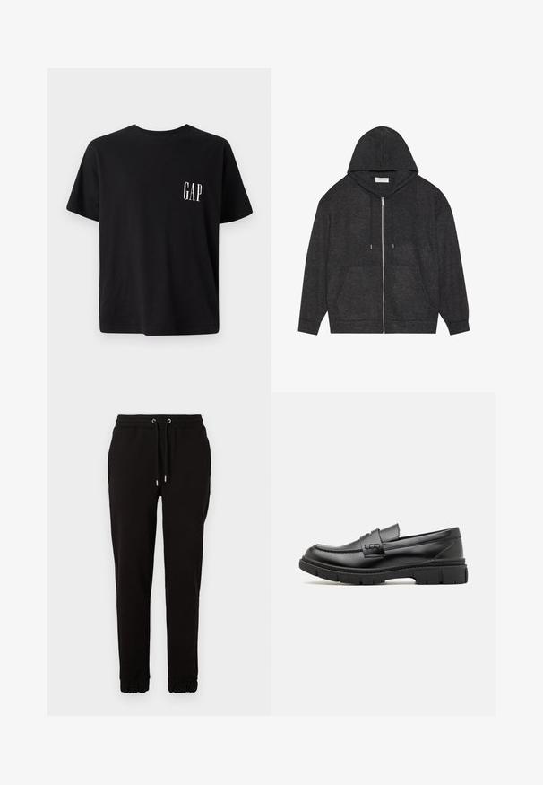 Grafitgrå lynlås hoodie med snøre hætte, ribbet tekstur og forlommer. Har lange ærmer og en afslappet pasform.; Sort bomulds t-shirt med rund hals, korte ærmer og et lille hvidt "GAP" logo på venstre brystområde. Casual pasform med en glat tekstur.; Sorte sweatpants lavet af blødt stof, med elastisk talje med snoretræk, sidelommer og samlet manchette ved anklerne.; Sort læder loafersko med en bred rem over forfoden, gummisål med tykke mønstre og glat overflade. Klassisk, slankt design.