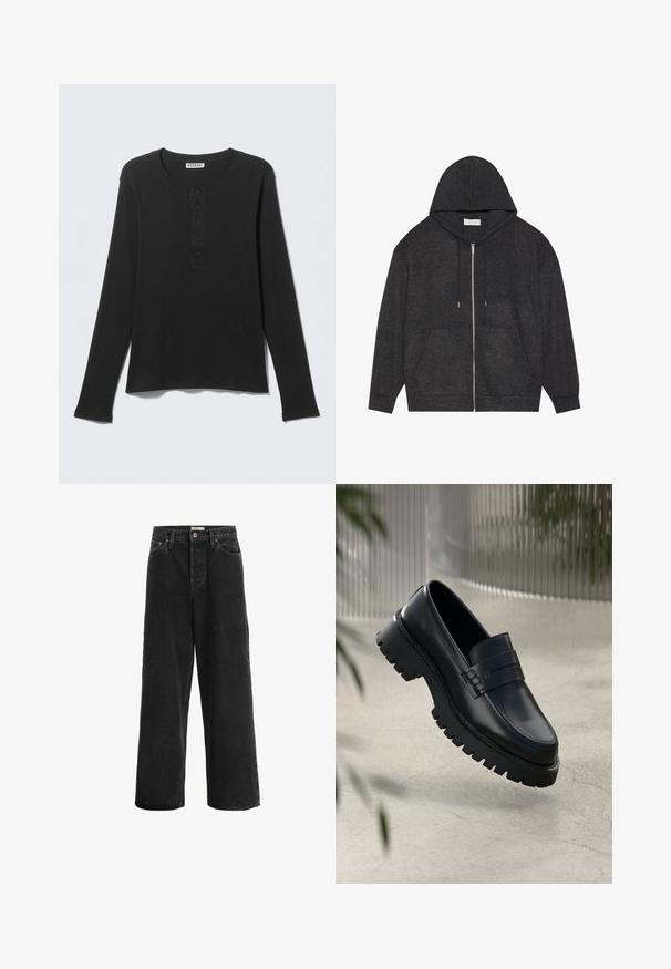 Grafitgrå lynlås hoodie med snøre hætte, ribbet tekstur og forlommer. Har lange ærmer og en afslappet pasform.; Sort langærmet henley-shirt med rund halsudskæring og fem-knaps lynlås, vist fladt med mærke, der siger Weekday.; Sorte brede jeans lavet af denim. Har høj talje, to forlommer, knaplukning og diskrete stikninger.; Sorte læder loafers med en chunky sål, der har en dekorativ rem og syninger. Glat tekstur med en poleret overflade.